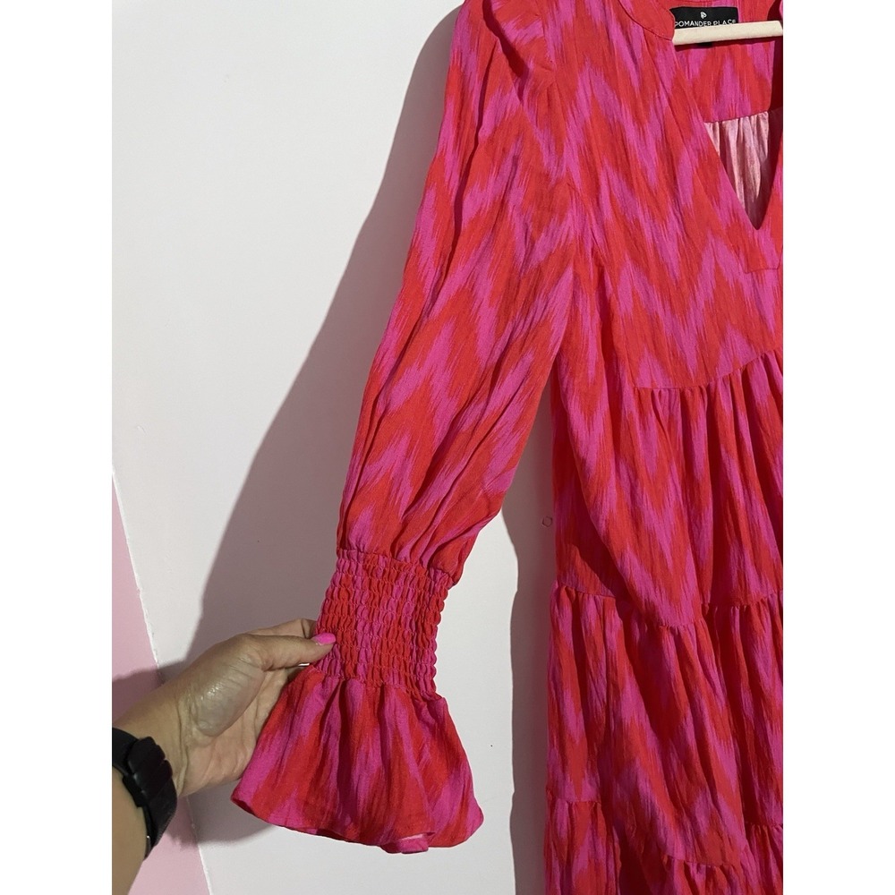 Pomander Place Tuckernuck Dress Ikat Kenzo S Hot Pink Red Tiered Flowy Vacation - Picture 5 of 11